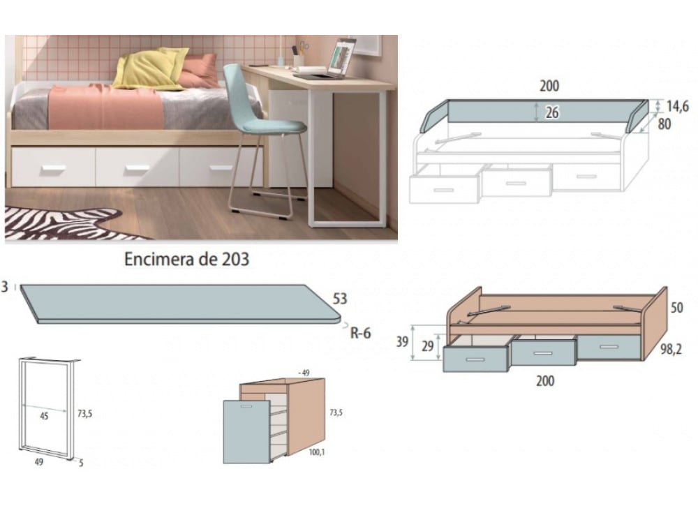 Dormitorio nido bajo cajones con guías corban PLUS