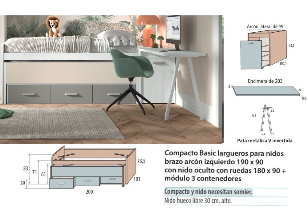 Dormitorio bicama + arcón + mesa de estudio corban PLUS
