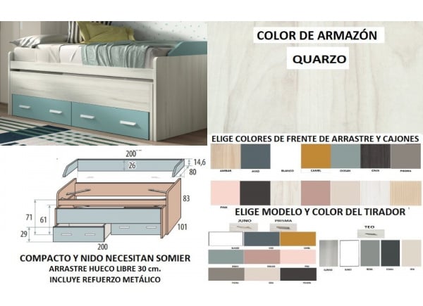 Cama compacta de 90 ó 105 con nido oculto y 2 cajones corban PLUS