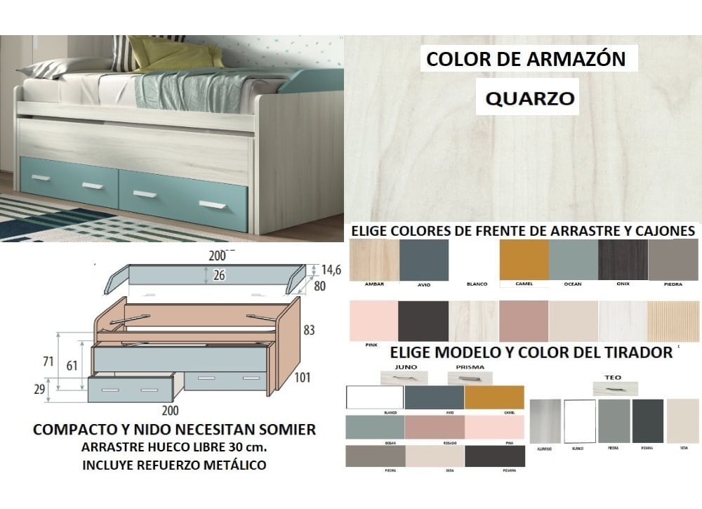 Cama compacta de 90 ó 105 con nido oculto y 2 cajones corban PLUS