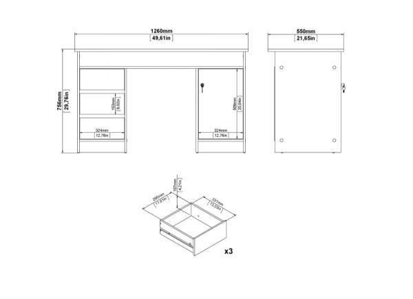 Mesa de estudio con puerta, 3 cajones y hueco GÉMINIS
