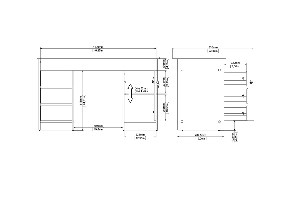 Mesa de estudio con puerta, 3 cajones y hueco GÉMINIS