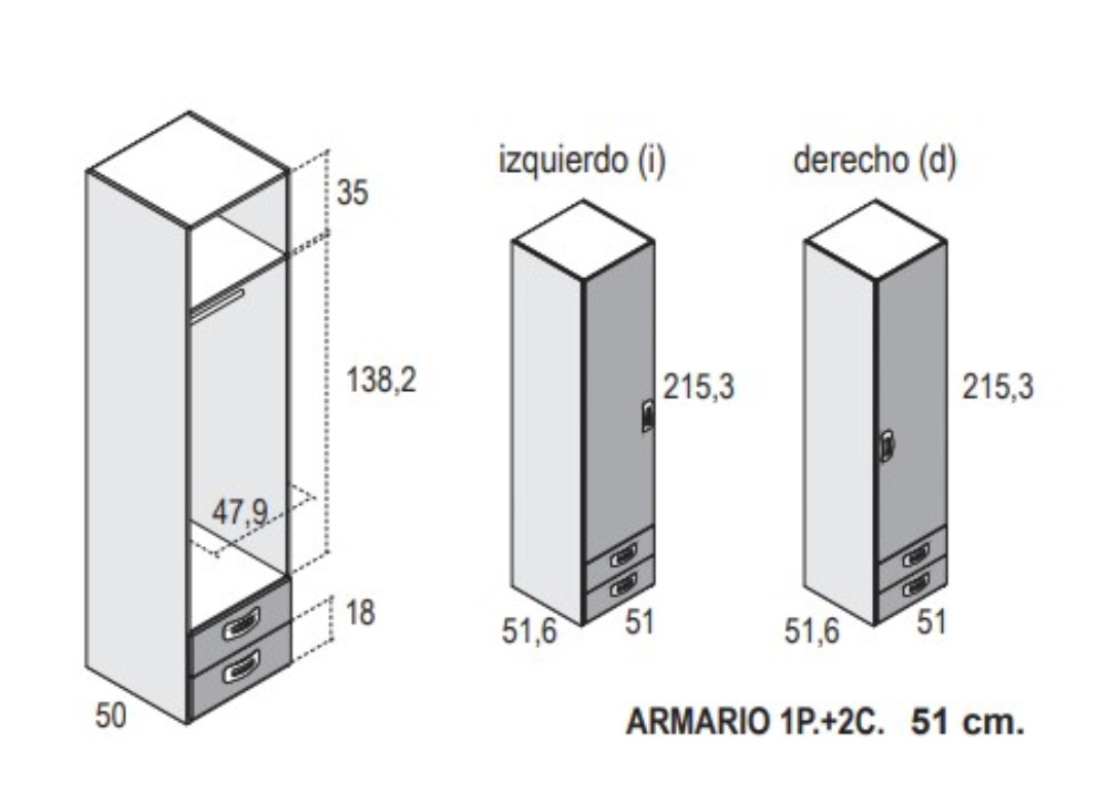 Armario de 1, 2 ó 3 puertas batientes con 2 cajones CLEO
