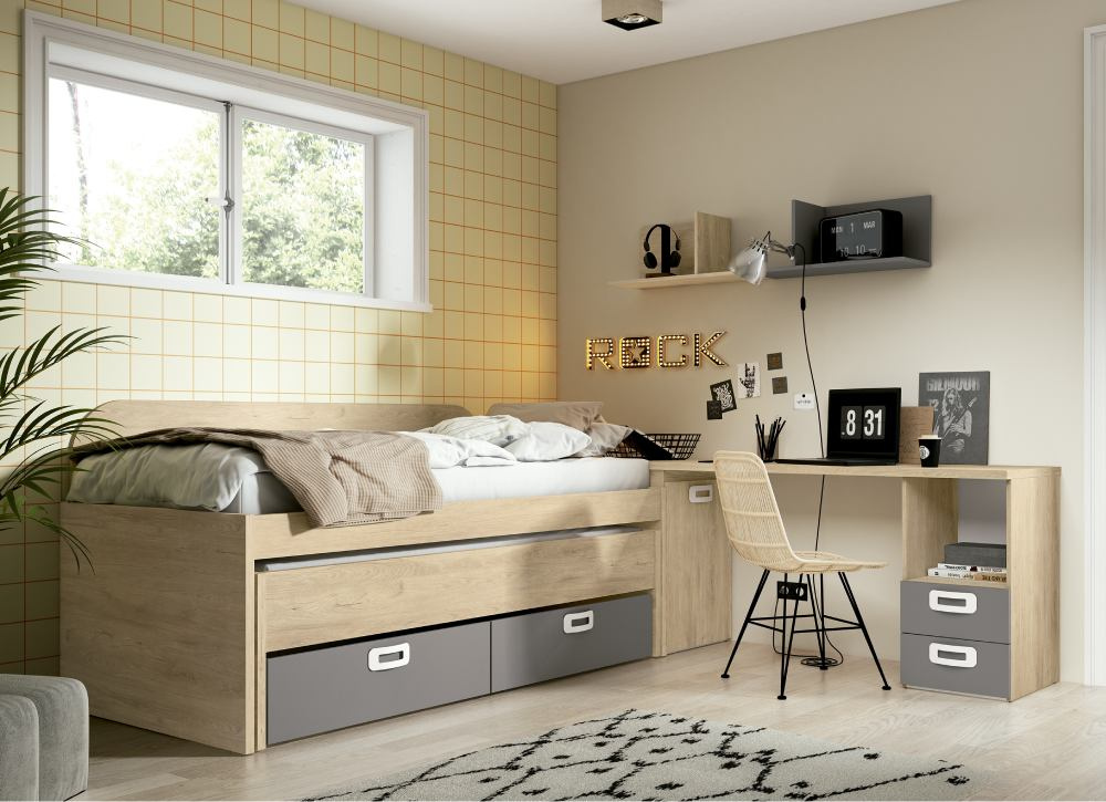 Cama de 90 ou 105 com cama escondida e 2 gavetas CLEO