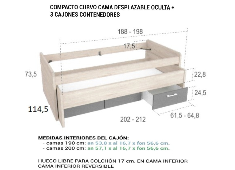 Compacto de 90 ó 105 con costado curvos y 3 cajones CLEO