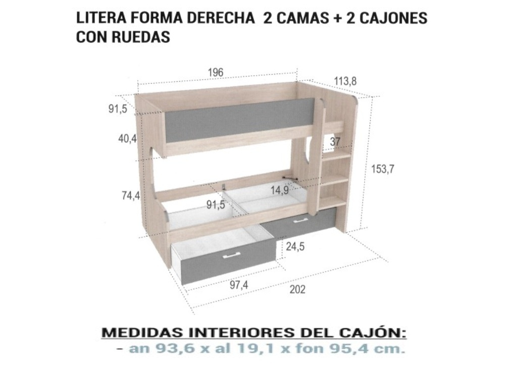 Litera forma 2 camas + 2 cajones con ruedas CLEO