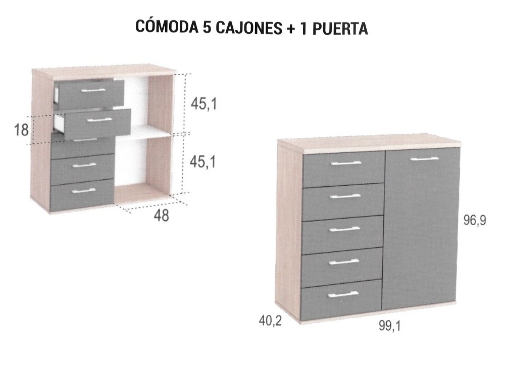 Cómoda 5 cajones + 1 puerta CLEO