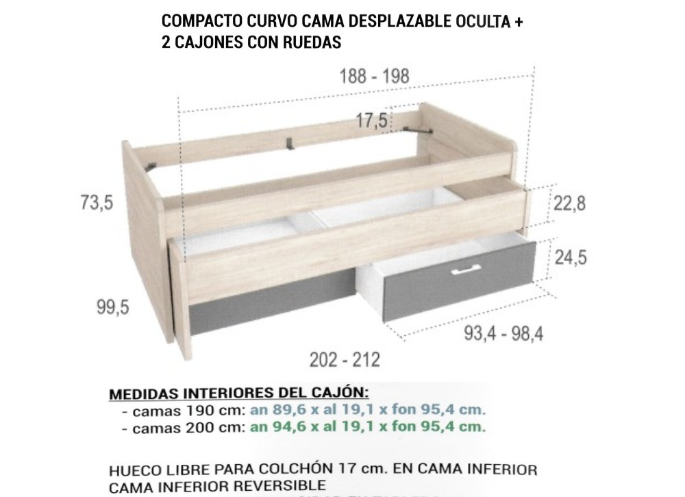 Cama superior de 90 ó 105 costado curvo cama oculta y 2 cajones CLEO