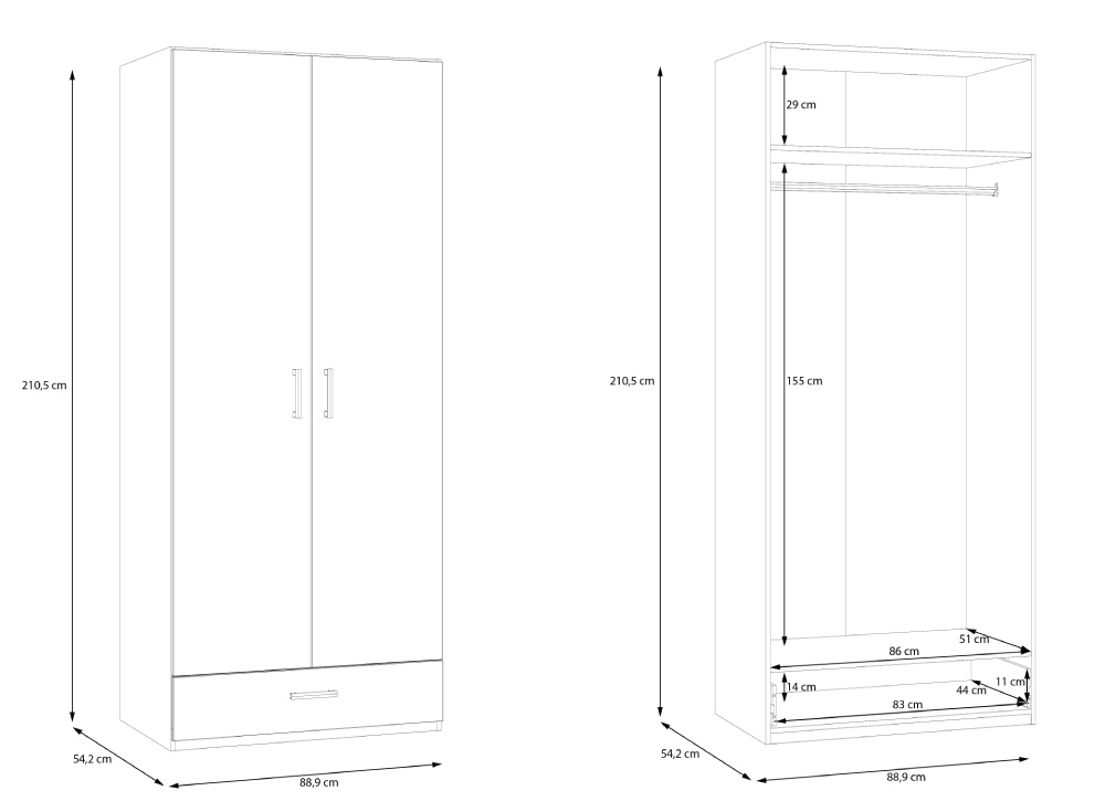 Armario 2 puertas batientes y 1 cajón PALMA
