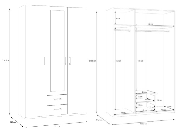 Armario 3 puertas batientes 2 cajones y luna MALLORCA