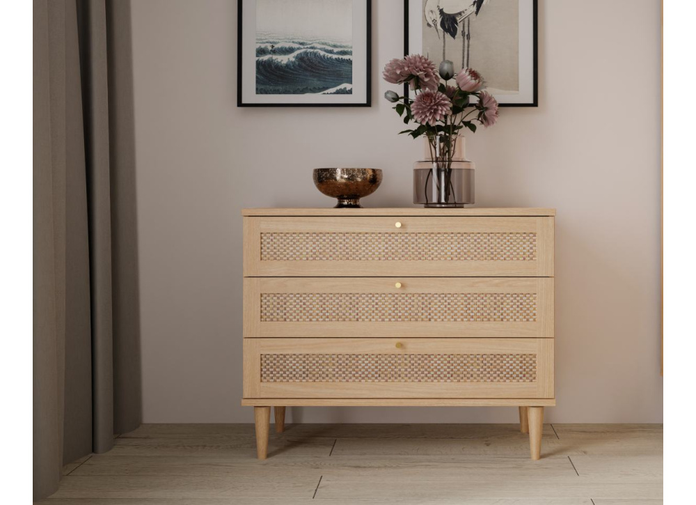 Cómoda 3 cajones haya y ratán CALABRIA