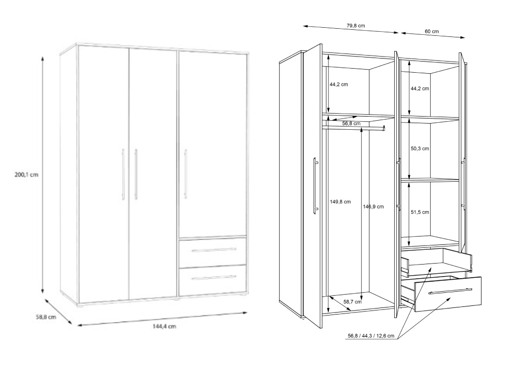 Armario 3 puertas batientes y 2 cajones PRIMAVERA
