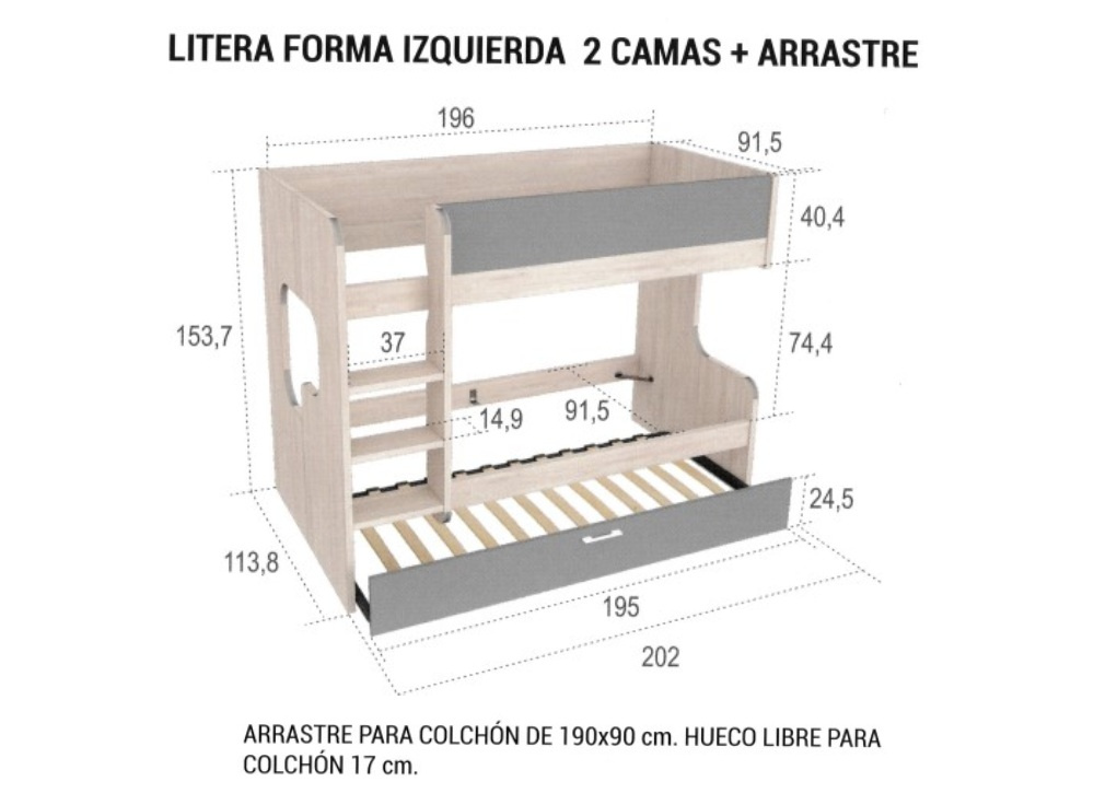 Litera forma 2 camas + nido en blanco CLEO