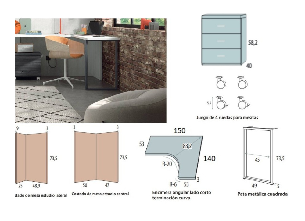 Mesa estudio cajonera 3 cajones corban PLUS