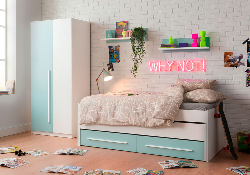 Cama doble con 2 cajones + 2 estantes pared JAIPUR