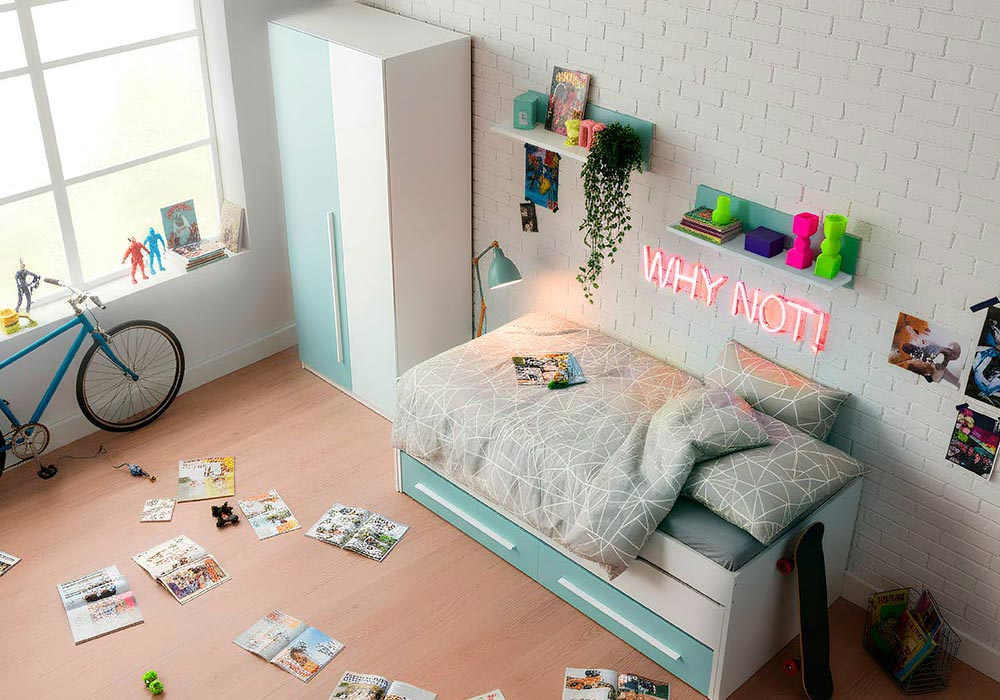 Cama doble con 2 cajones + 2 estantes pared JAIPUR