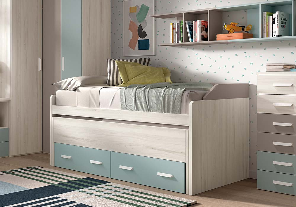 Cama compacta de 90 ou 105 com cama auxiliar oculta e 2 gavetas CORBAN PLUS