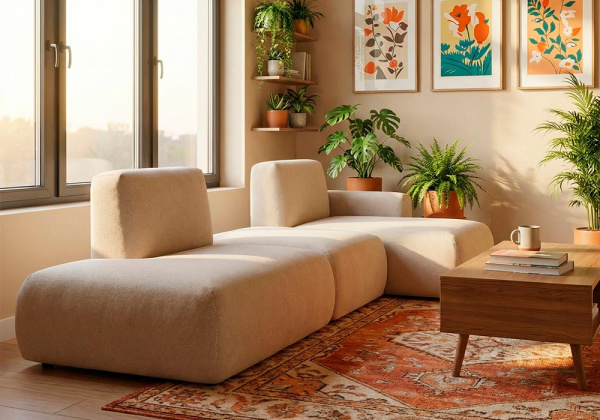 Sofá modular terminal con chaiselongue y puf TINA