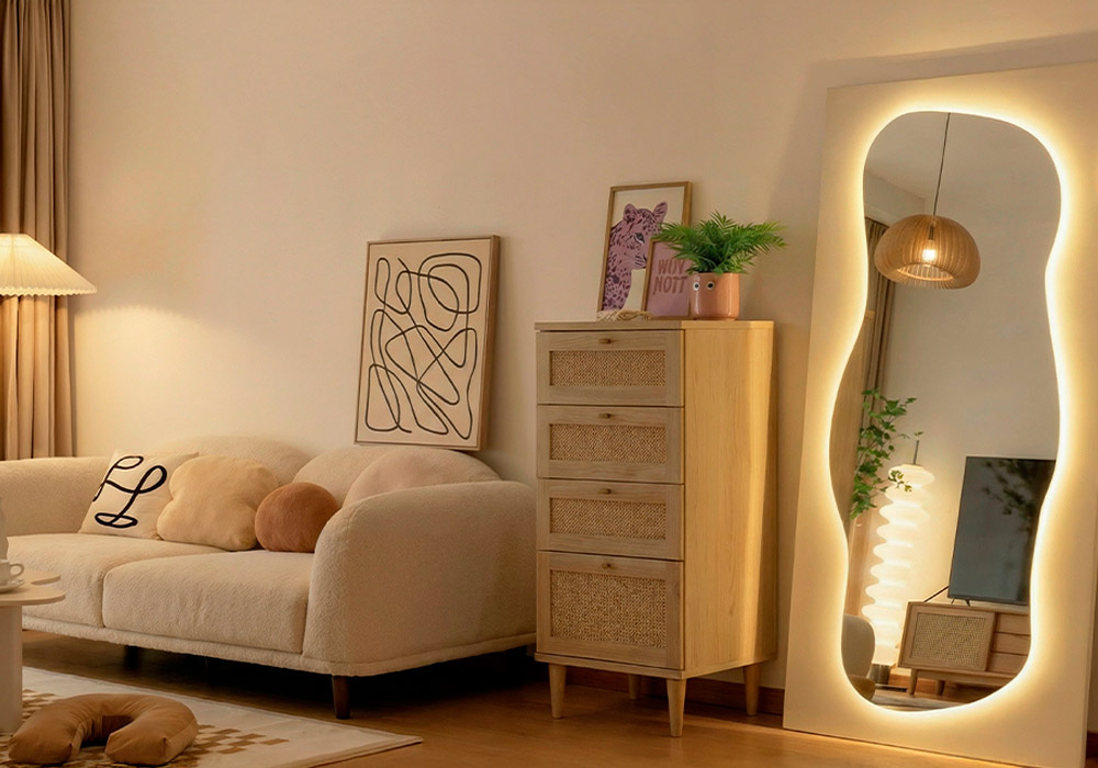 Cómoda alta com 3 gavetas e 1 compartimento em faia e rattan CALABRIA