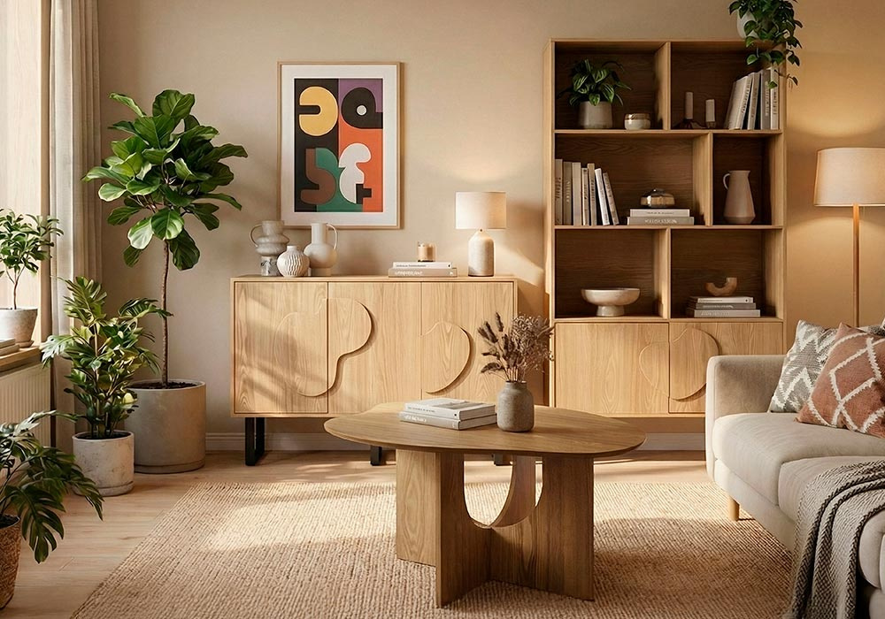 Mesa auxiliar de madera CALI ambientada