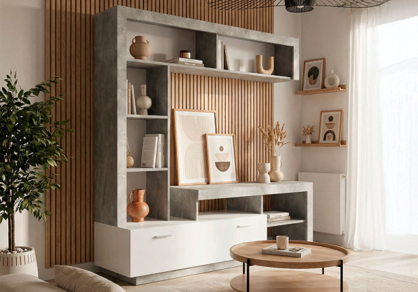 Composición de salón GLEN cemento-blanco ambiente