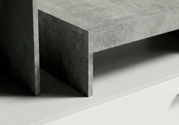 Composición de salón GLEN cemento-blanco detalle encimera