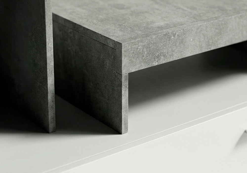 Composición de salón GLEN cemento-blanco detalle encimera