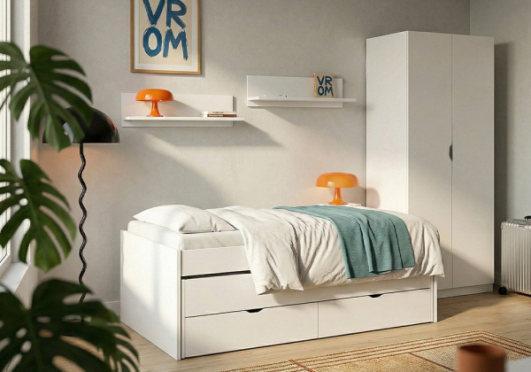 Cama nido com 2 gavetas + 2 estantes de parede MORFEO Cama nido com 2 gavetas + 2 estantes de parede MORFEO