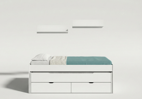 Cama nido com 2 gavetas + 2 estantes de parede MORFEO