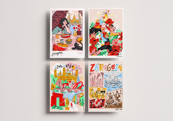 Pack 4 postales by Jesana Motilva colección "Sí, somos de Zaragoza"