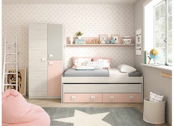 CAMA DOBLE MÁS CAJONES Y ESTANTE CLARA