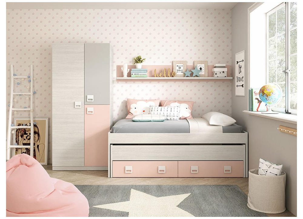 CAMA DOBLE MÁS CAJONES Y ESTANTE CLARA