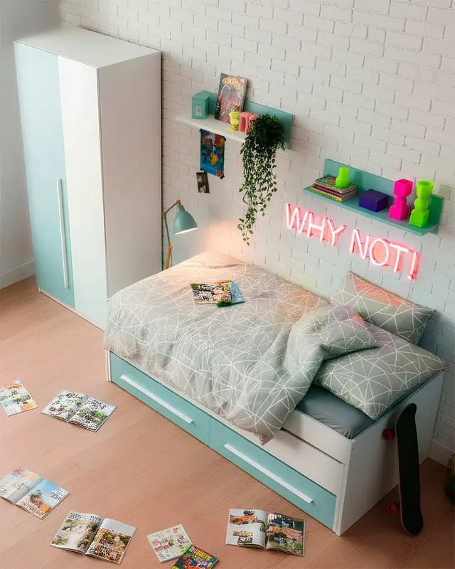 Cama doble con 2 cajones + 2 estantes pared JAIPUR
