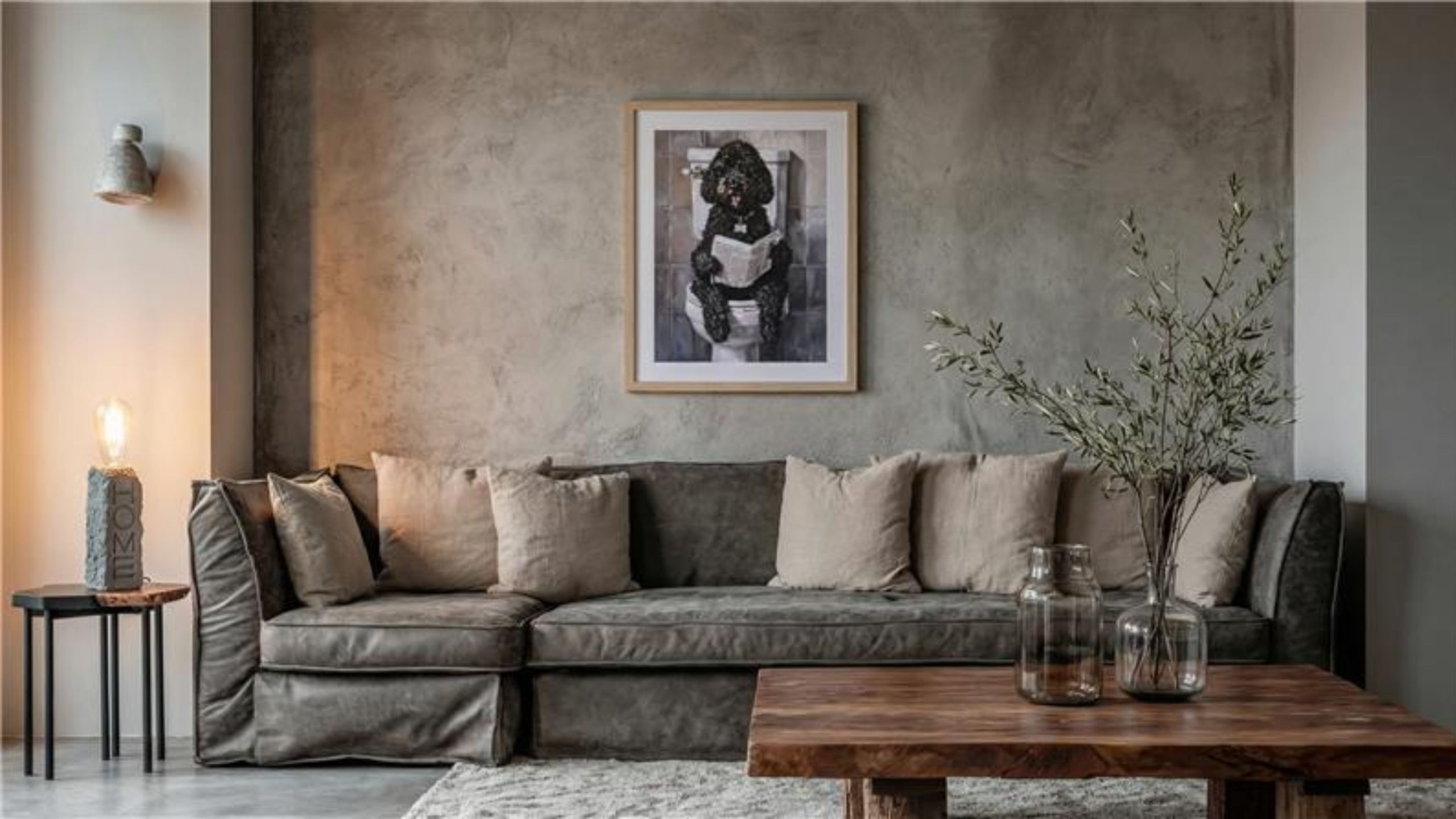 Salón juvenil con cuadro CHIEN y lámpara LUMO