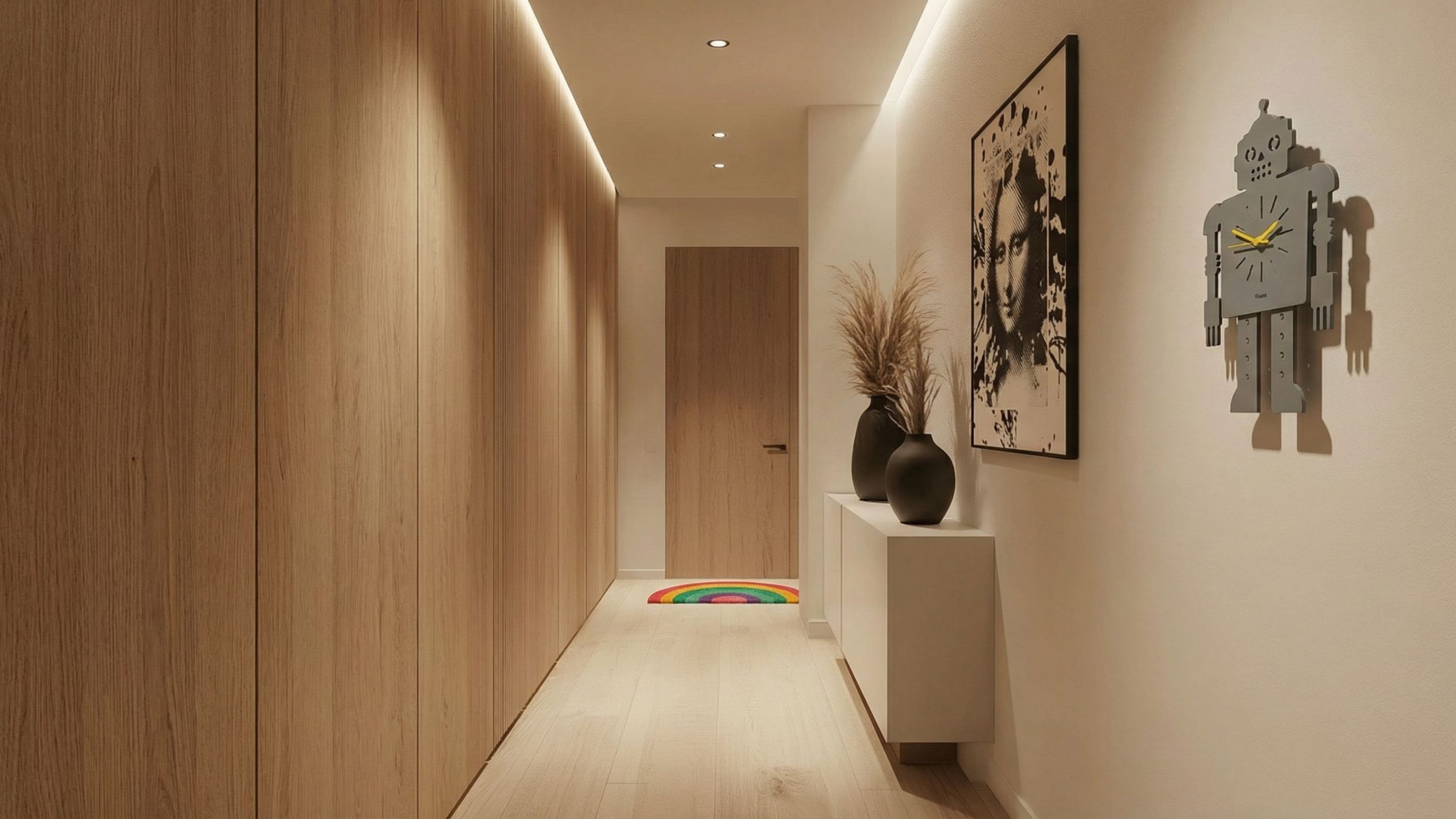 Entrada con reloj KALARI, cuadro MONALISA y felpudo multicolor CORAE