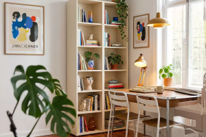 Estantería de baldas decorada con objetos en un salón