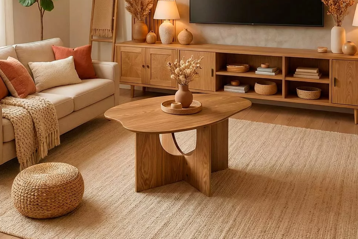 Mesa auxiliar de madera decorada con un jarrón