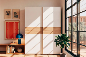 armario blanco de puertas correderas en habitación cerca de una ventana 