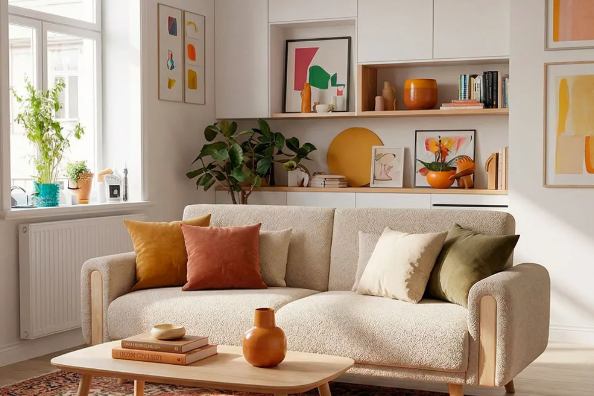 vista de frente de sofá cama, colocado como sofá, decorado con cojines y mesa de centro