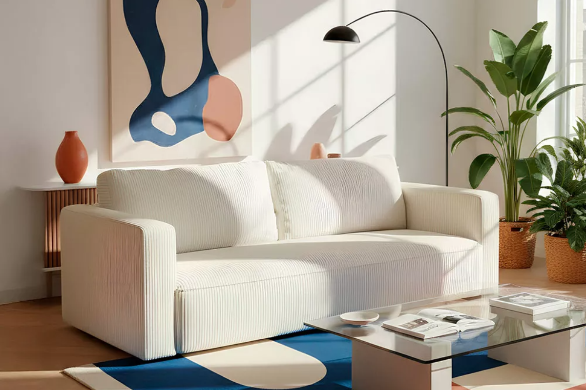 Vista de sofá cama color crudo, en salón con mesa de centro y decorado con plantas