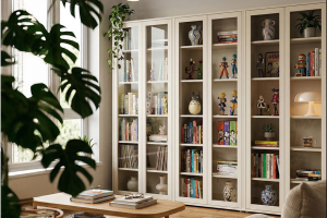 vitrina dos puertas, decorada con objetos y jarrones 