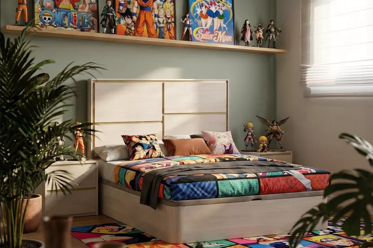 vista de habitación juvenil, con canapé abatible de matrimonio, decorada con objetos juveniles
