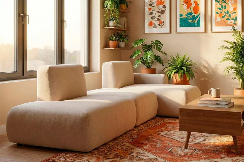 sofá chaiselongue terminal modular beige, en un salón decorado con plantas artificiales y alfombra granate