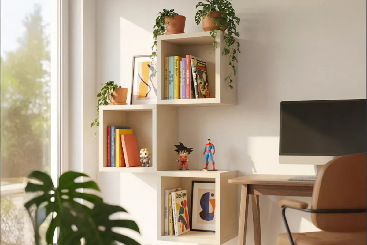 Estantería flotante cuadrada, decorada con libros y maceteros con plantas