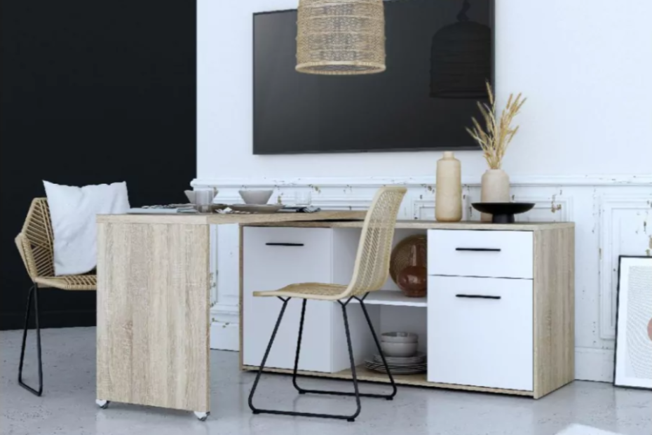 vista de muebles en salón, mesa con sillas, aparador cajonera y mueble tv