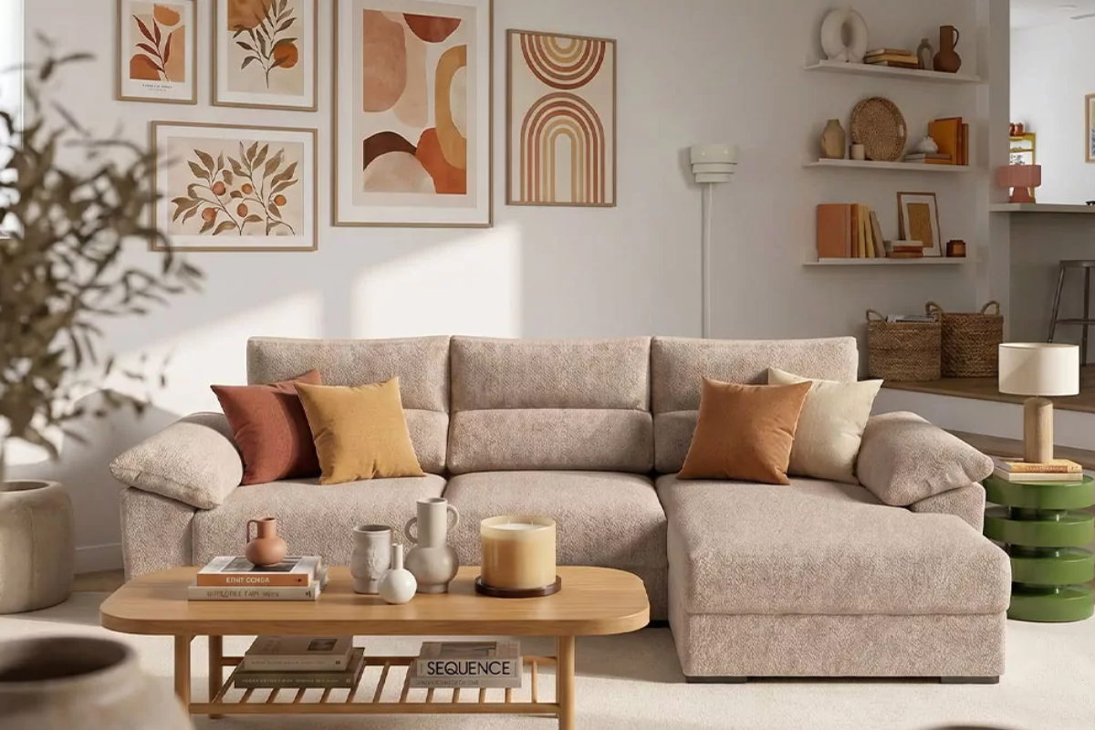chaise longue beige con asientos deslizantes en un salón decorado