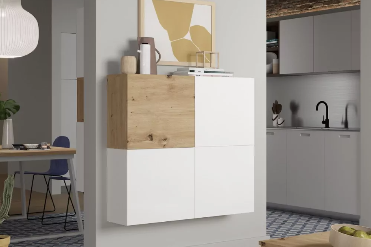 aparador blanco modular en cocina, decorado con objetos en la parte superior