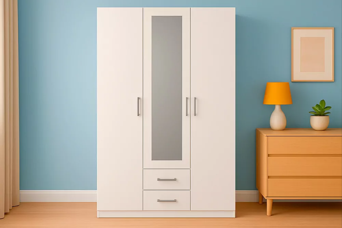 armario blanco 3 puertas batientes colocado al lado de una mesita de noche de madera 