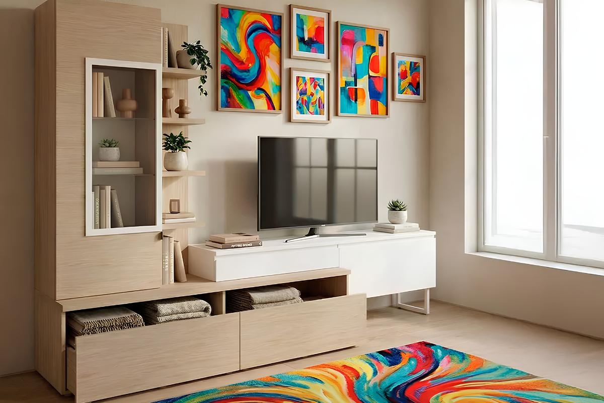 mueble para salon, que hace de mueble tv y estantería, decorado con alfombra y un cuadro