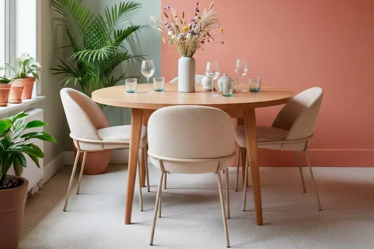 cuatro sillas de comedor color beige alrededor de una mesa de comedor redonda 
